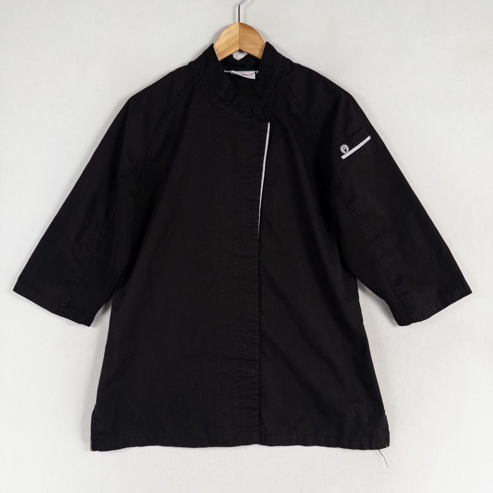 Chef Works Shirt Womens Sz Medium Black Button Up 3/4 Sleeve Professional